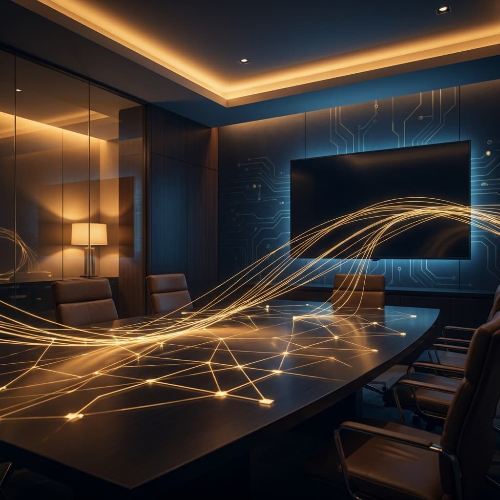 Modern conference room with digital connectivity visualization